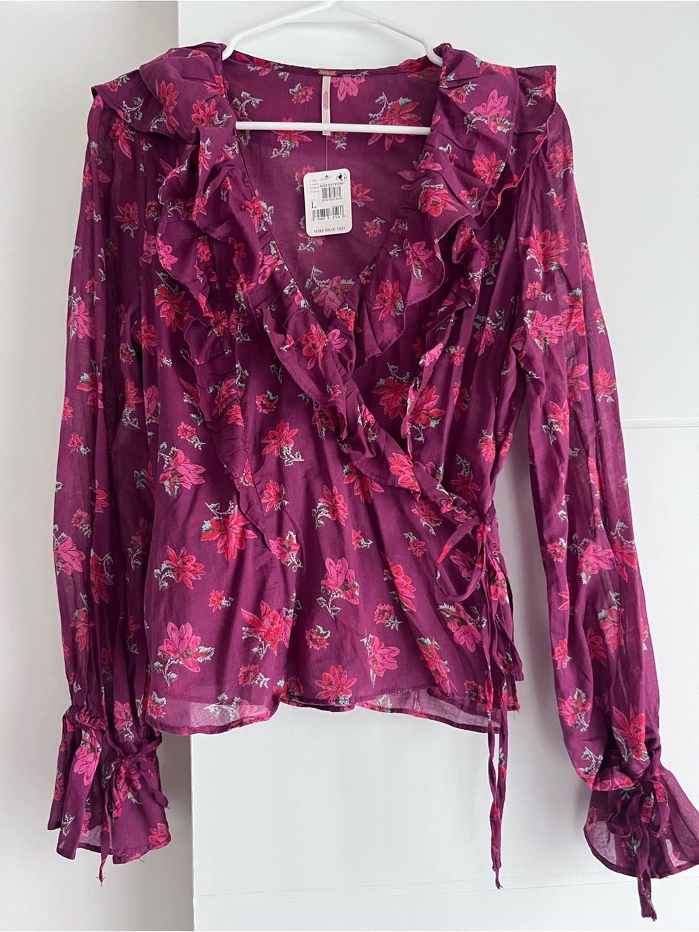 Free People - Floral Ruffle Wrap Top - Burgundy Pink